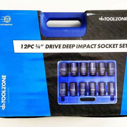 Impact Socket Set Deep 3/4 Drive 12 Pieces 24mm-41mm Crv 80mm Black Finish - Toolzone KDPSS235