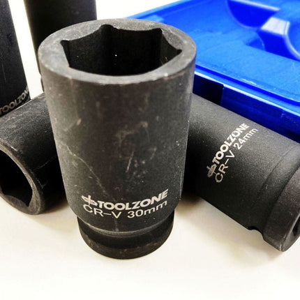 Impact Socket Set Deep 3/4 Drive 12 Pieces 24mm-41mm Crv 80mm Black Finish - Toolzone KDPSS235