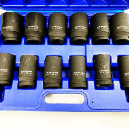 Impact Socket Set Deep 3/4 Drive 12 Pieces 24mm-41mm Crv 80mm Black Finish - Toolzone KDPSS235
