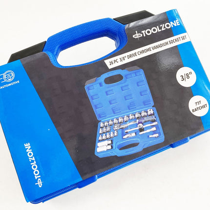 Socket Set 26 Pieces 3/8 Drive 6mm-24mm Mirror Polish Crv In Case - Toolzone KDPSS260