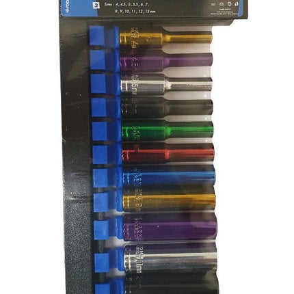 Deep Socket Set 12 Pieces 1/4 Drive Mm Crv Colour Coded 4mm-13mm - Toolzone KDPSS314