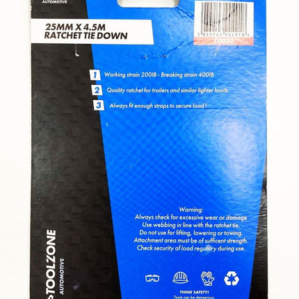 Ratchet Tie Down 25mm x 4.5m 100kg Breaking Strength - Toolzone KDPTD031