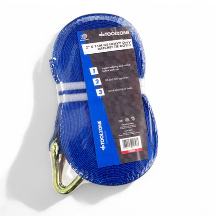 Heavy Duty Ratchet Tie Down 2 x 15m 2500daN Straight 5000kg Round Gs Approved - Toolzone KDPTD038
