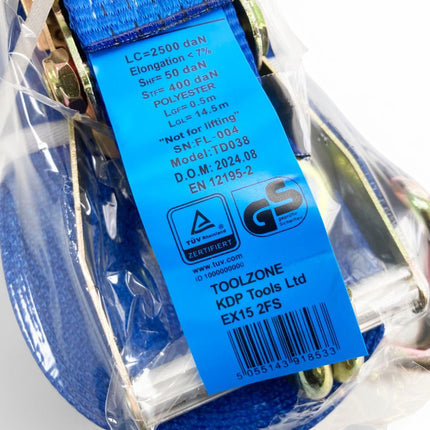 Heavy Duty Ratchet Tie Down 2 x 15m 2500daN Straight 5000kg Round Gs Approved - Toolzone KDPTD038