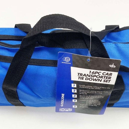 Car Transporter Set 16PC Includes Ratchet Tie Downs And Choker Straps - Toolzone KDPTD068
