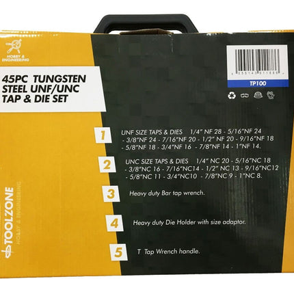 Tap And Die Set Unf/unc 45 Piece Tungsten - Toolzone KDPTP100