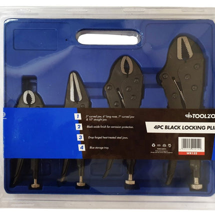 Lock Pliers Set Black 4 Piece 5 7 Curved Jaw 6 Long Nose 10 Straight Jaw - Toolzone KDPWR132