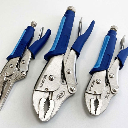 Locking Plier Set 3 Piece Crv Softgrip 7 10 Curved Jaw 6.5 Long Nose - Toolzone KDPWR174