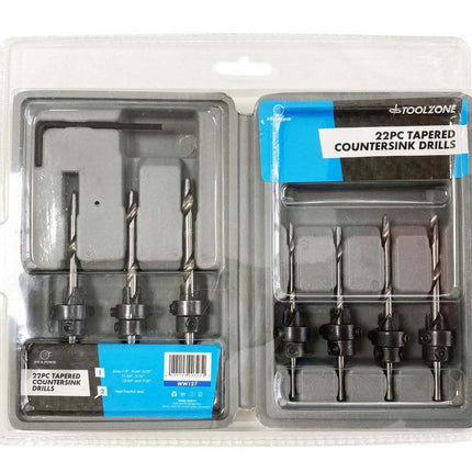 Tapered Countersink Drill Set 22PC Heat-treated Steel Sizes 1/8 To 7/32 - Toolzone KDPWW127