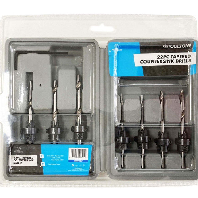 Tapered Countersink Drill Set 22PC Heat-treated Steel Sizes 1/8 To 7/32 - Toolzone KDPWW127