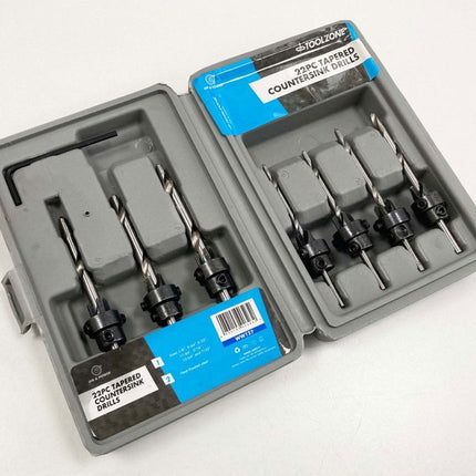 Tapered Countersink Drill Set 22PC Heat-treated Steel Sizes 1/8 To 7/32 - Toolzone KDPWW127