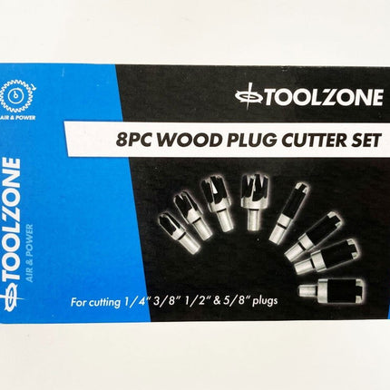Wood Plug Cutter Set 8PC 6mm 10mm 13mm 16mm 10mm Shank In Wood Box - Toolzone KDPWW132
