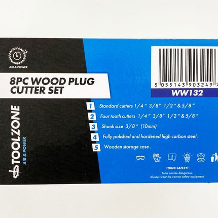 Wood Plug Cutter Set 8PC 6mm 10mm 13mm 16mm 10mm Shank In Wood Box - Toolzone KDPWW132