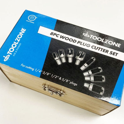 Wood Plug Cutter Set 8PC 6mm 10mm 13mm 16mm 10mm Shank In Wood Box - Toolzone KDPWW132