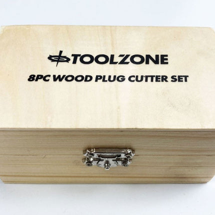 Wood Plug Cutter Set 8PC 6mm 10mm 13mm 16mm 10mm Shank In Wood Box - Toolzone KDPWW132