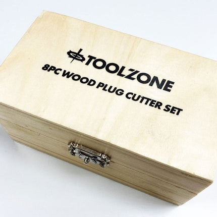 Wood Plug Cutter Set 8PC 6mm 10mm 13mm 16mm 10mm Shank In Wood Box - Toolzone KDPWW132
