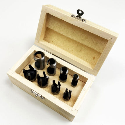 Wood Plug Cutter Set 8PC 6mm 10mm 13mm 16mm 10mm Shank In Wood Box - Toolzone KDPWW132