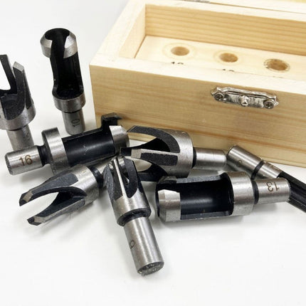 Wood Plug Cutter Set 8PC 6mm 10mm 13mm 16mm 10mm Shank In Wood Box - Toolzone KDPWW132