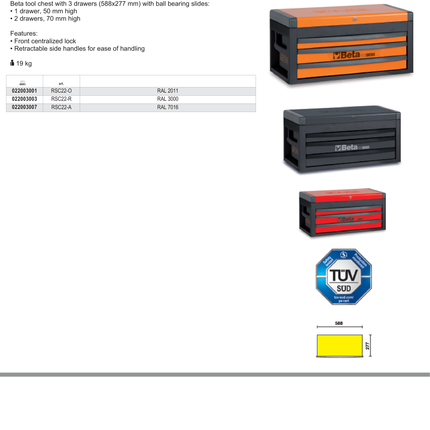 Portable Tool Chest with 3 Drawers and Ball Bearing Slides - Beta Tools RSC22-R