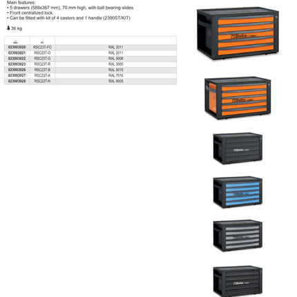 Portable Tool Chest with 5 Drawers and Centralized Lock - Beta Tools RSC23T-FO