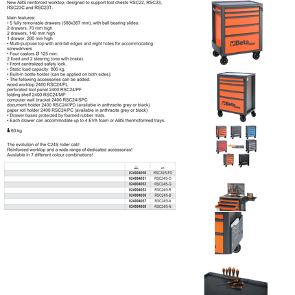 Mobile Roller Cab 5 Drawers Reinforced Worktop 800kg Capacity - Beta Tools RSC24/5-A