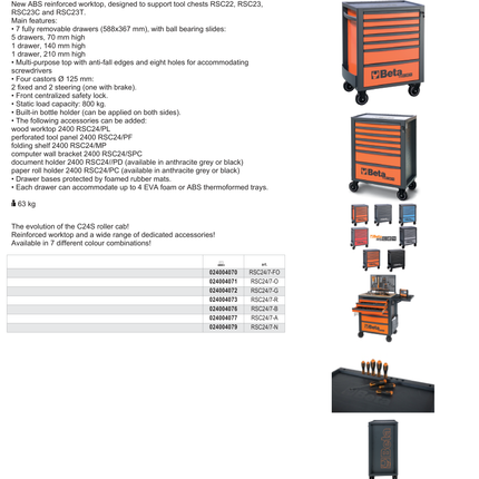 Mobile Roller Cab 7 Drawers Reinforced Worktop 800kg Capacity - Beta Tools RSC24/7-B