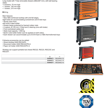 Mobile Roller Cab 7 Drawers Anti-Tilt System Long Model 1000kg Capacity - Beta Tools RSC24AXL/7-R