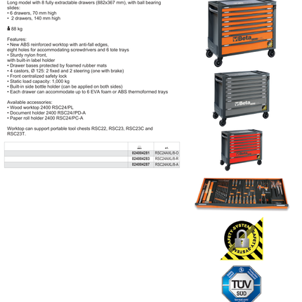 Mobile Roller Cab 8 Drawers Anti-Tilt System Long Model 1000kg Capacity - Beta Tools RSC24AXL/8-R