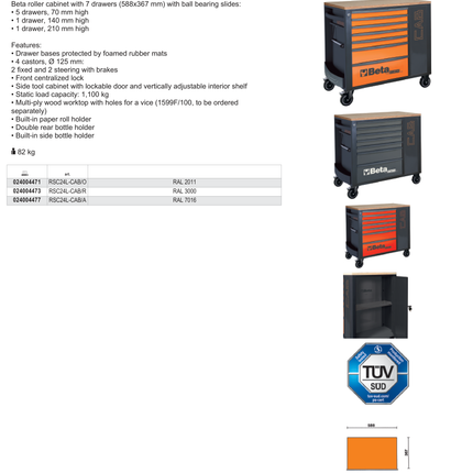 Mobile Roller Cab 7 Drawers Tool Cabinet 1100kg Capacity - Beta Tools RSC24L-CAB/R