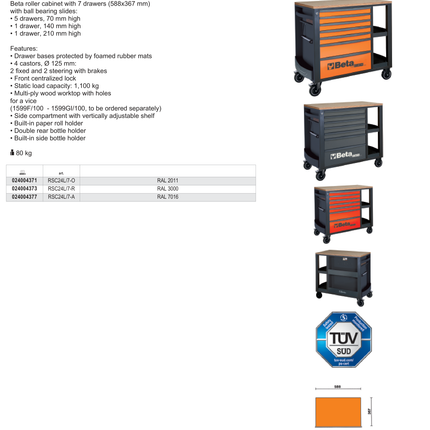 Mobile Roller Cab 7 Drawers Side Shelves 1100kg Capacity - Beta Tools RSC24L/7-R
