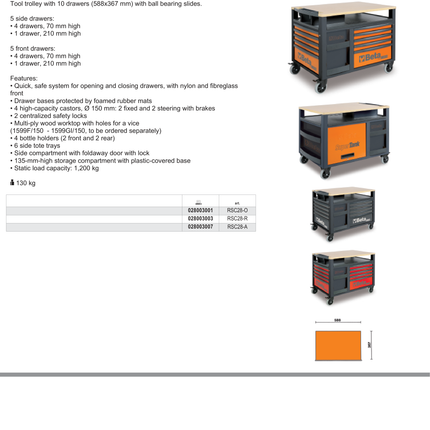 SuperTank Trolley with Wood Worktop, 10 Drawers, 588x367mm, 150mm Castors, 1200kg Load Capacity - Beta Tools RSC28-R