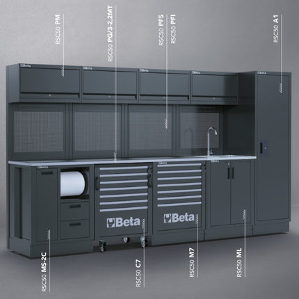 Workshop Equipment Combination RSC50 with 2.240mm Worktop, Drawers, Roller Cab, Sink, and Tool Panels - BetaRSC50 RSC50 H