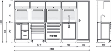 Workshop Equipment Combination RSC50 with 2.240mm Worktop, Drawers, Roller Cab, Sink, and Tool Panels - BetaRSC50 RSC50 H