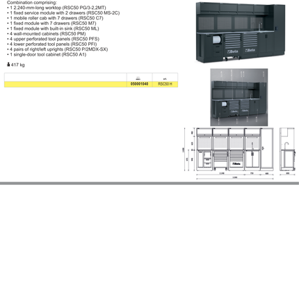 Workshop Equipment Combination RSC50 with 2.240mm Worktop, Drawers, Roller Cab, Sink, and Tool Panels - BetaRSC50 RSC50 H