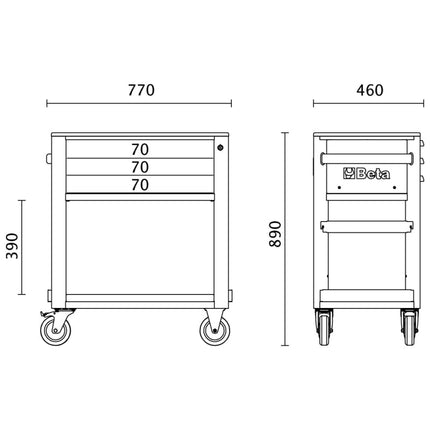 Service Tool Trolley with 3 Drawers, ABS Worktop, 4 Castors 125mm, 400kg Load Capacity - Beta Tools RSC51-A