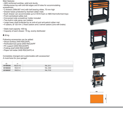 Service Tool Trolley with 3 Drawers, ABS Worktop, 4 Castors 125mm, 400kg Load Capacity - Beta Tools RSC51-A
