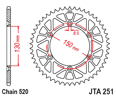 REAR SPROCKET ALLOY BLACK 251, JTA251.52BLK 7075-T6 Aluminium, SR251-52
