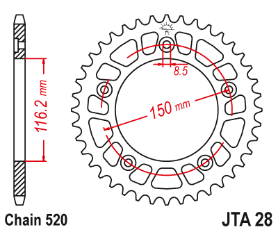 REAR SPROCKET ALLOY JTA28.44, 7075-T6 Aluminium Alloy