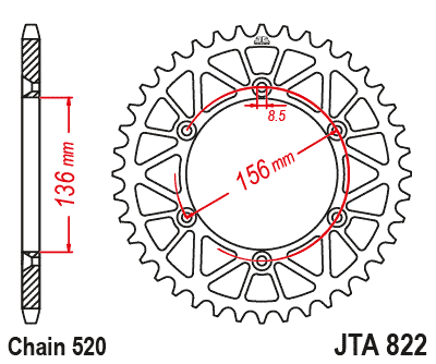 REAR SPROCKET ALLOY SILVER 822, JTA822.45 7075-T6 Aluminium