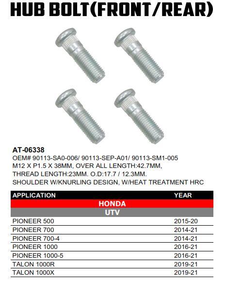 Hub Bolt PK4 M12x1.5 X 38mm, Bronco AT-06338, 90113-SA0-006, 90113-SEP-A01, 90113-SM1-005