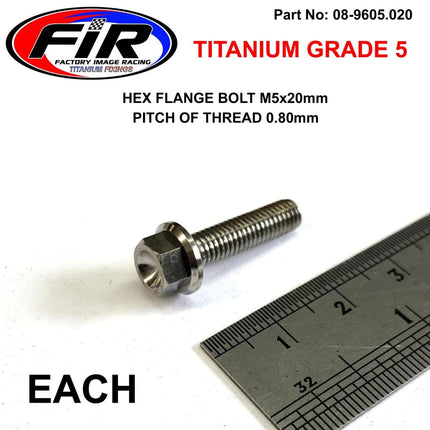 Titanium GR5 Bolt M5 x 20mm Each, Flange OD: 9.90mm / Hex Size: 7mm, /