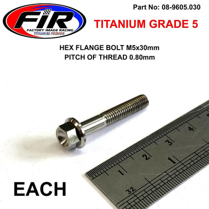 Titanium GR5 Bolt M5 x 30mm Each, Flange OD: 9.90mm / Hex Size: 7mm, /