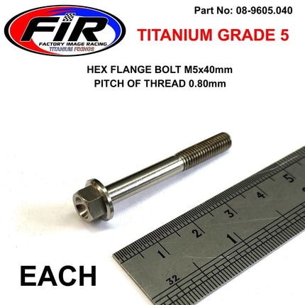 Titanium GR5 Bolt M5 x 40mm Each, Flange OD: 9.90mm / Hex Size: 7mm, /