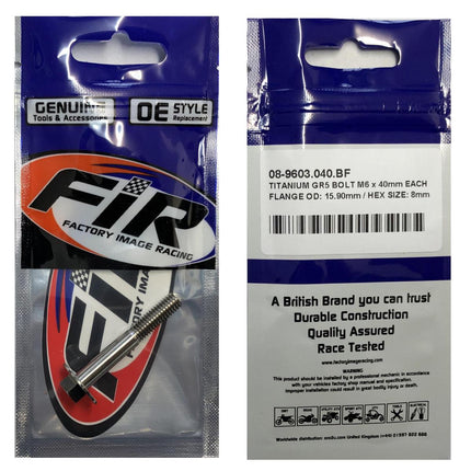 Titanium GR5 Bolt M6 x 40mm Each, Flange OD: 15.90mm / Hex Size: 8mm, / Panel Bolt Fixing Plastic