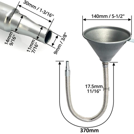Metal Flexible Shaft Funnel, Mesh Filter / 370mm Long / Bendable