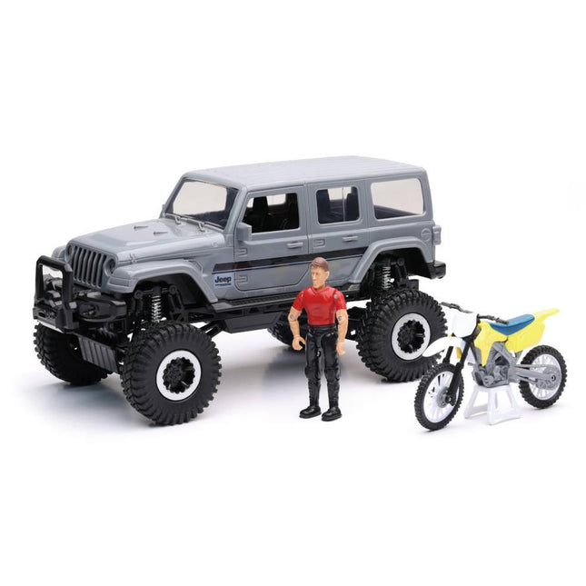 Model Die Cast Big Wheel Sahara Jeep, & Dirt Bike Set, Scale 1:18, Newray 37446A
