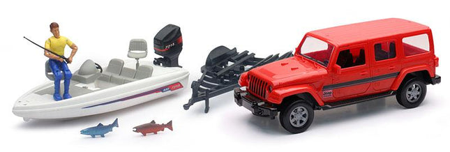 Model Die Cast Jeep With Trailor, & Fishinjg Boat Set, Scale 1:20, Newray SS-37186