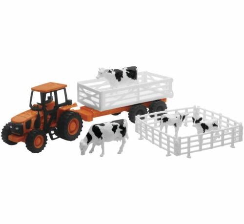 Model Die Cast Kubota Farm Tractor, & Animals Set, Orange, Scale 1:32, Newray SS-15825A