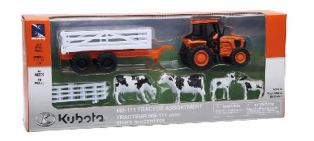 Model Die Cast Kubota Farm Tractor, & Animals Set, Orange, Scale 1:32, Newray SS-15825A