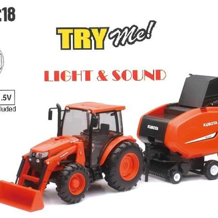 Model Kubota M5-111 With Hay Baler, B/o Light & Sound (try Me), Scale 1:18, Newray SS-33033